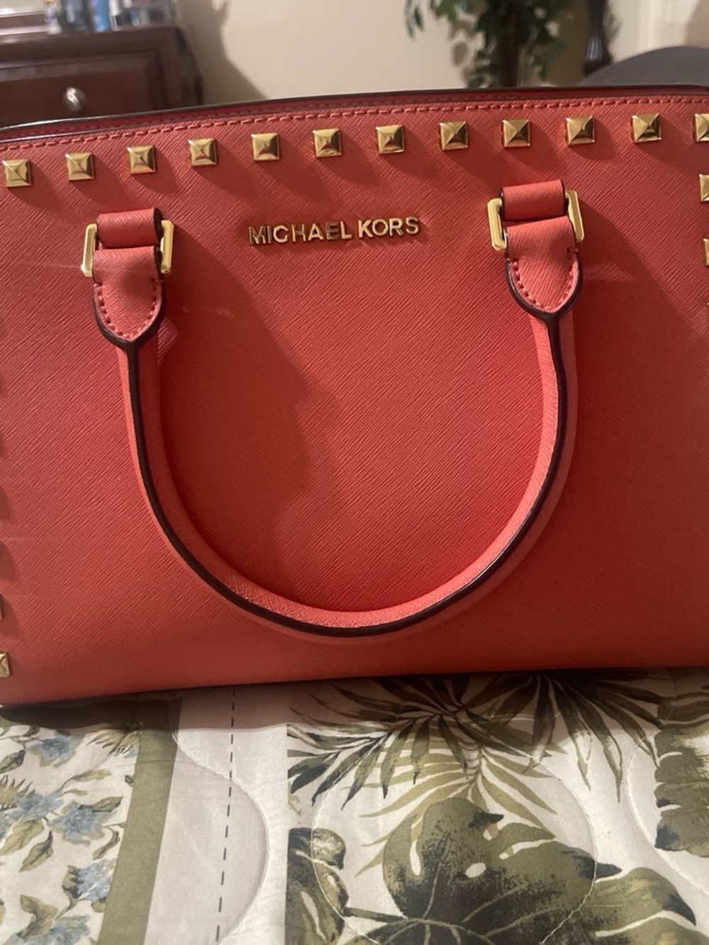 Michael Kors Coral Saffiano Satchel with Gold Tone Studs